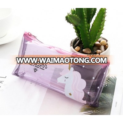 Wholesale unicorn design reusable pvc transparent pencil/pen bag with zipper